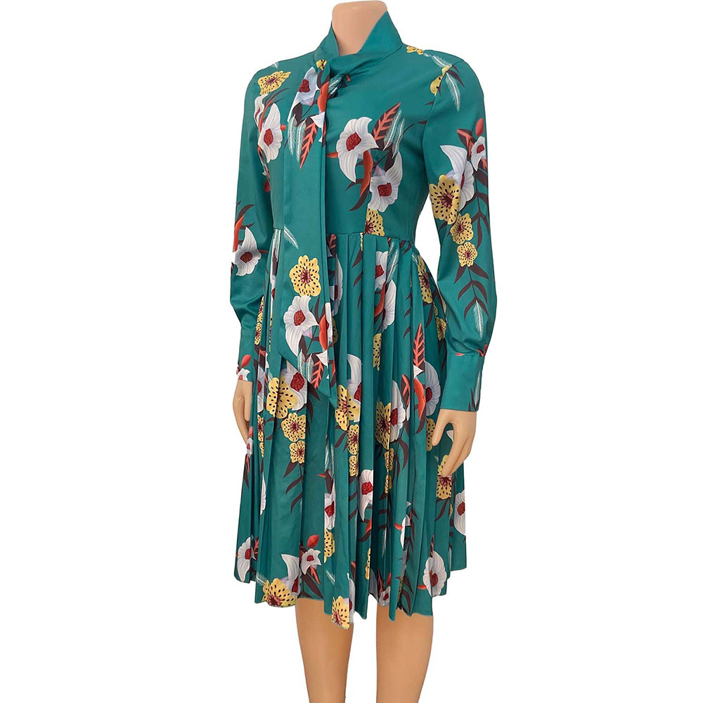 Bow Collar Long Sleeve Knee-Length Print High Waist Women's Dress