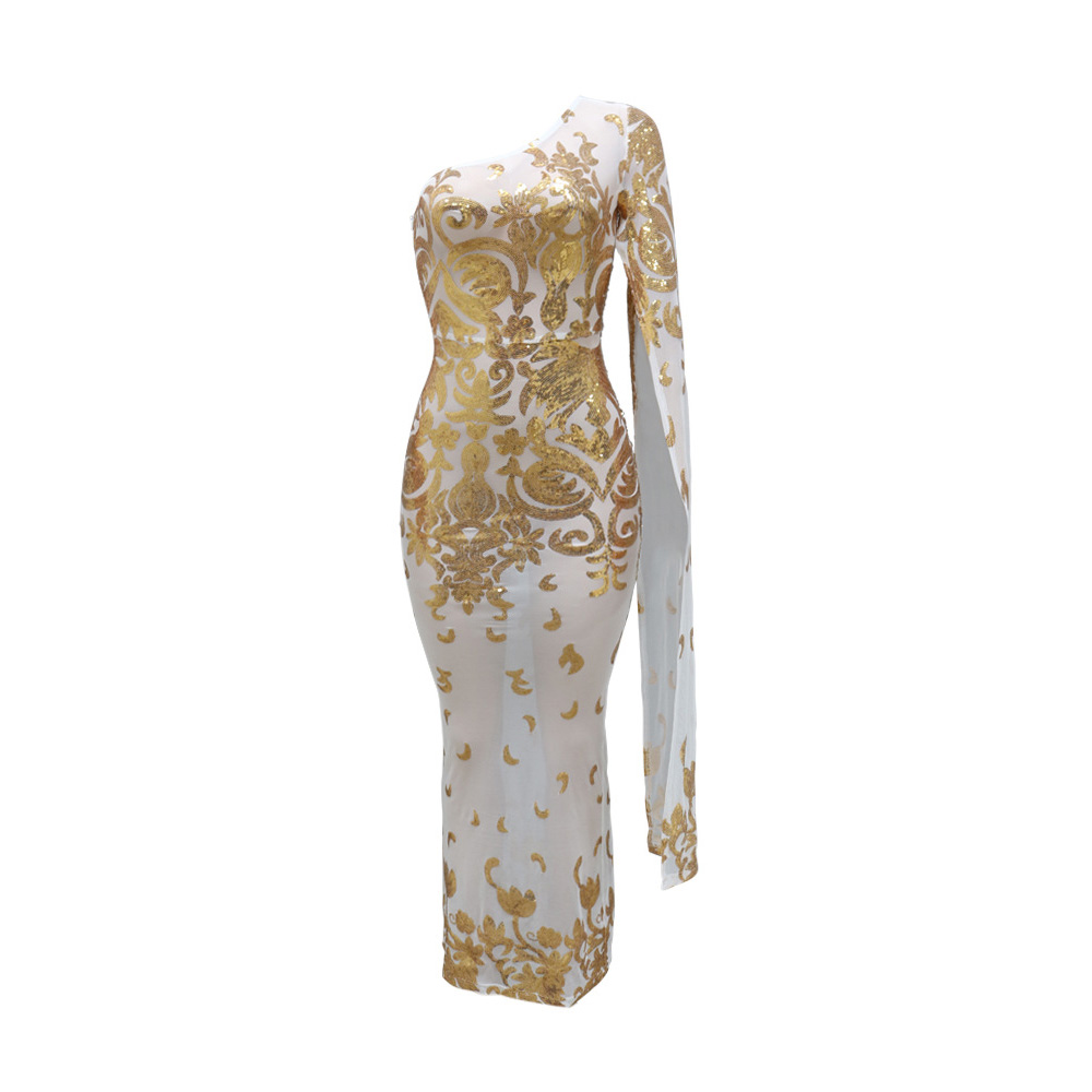 Long Sleeve Oblique Collar Asymmetric Floor-Length Floral Women's Dress
