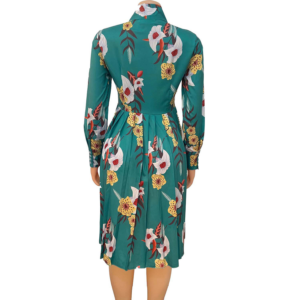 Bow Collar Long Sleeve Knee-Length Print High Waist Women's Dress