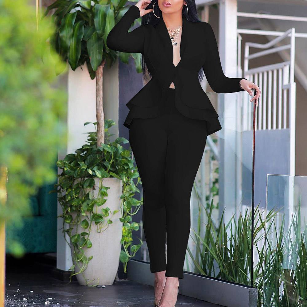 Coat Wear to Work Plain Pencil Pants Women's Two Piece Sets