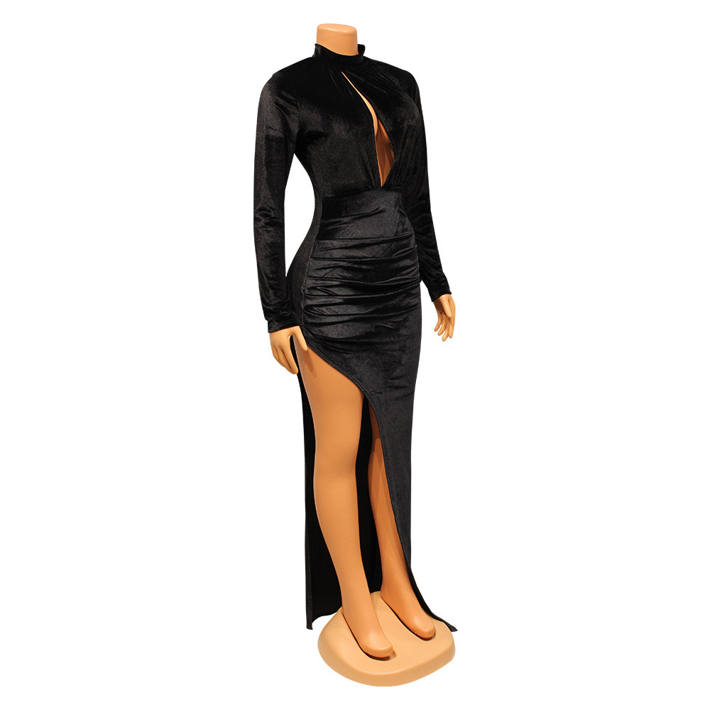 Stand Collar Split Long Sleeve Floor-Length Regular Women's Dress