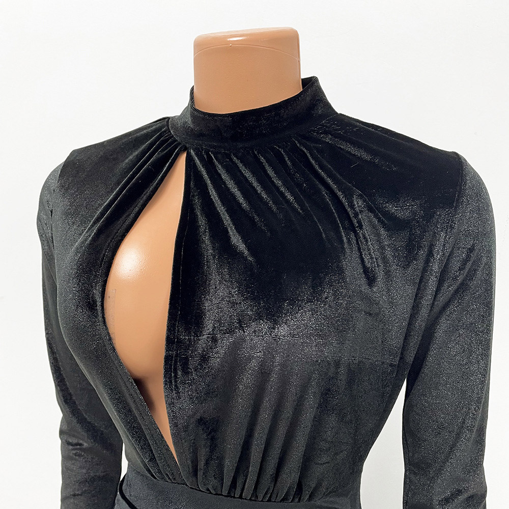 Stand Collar Split Long Sleeve Floor-Length Regular Women's Dress