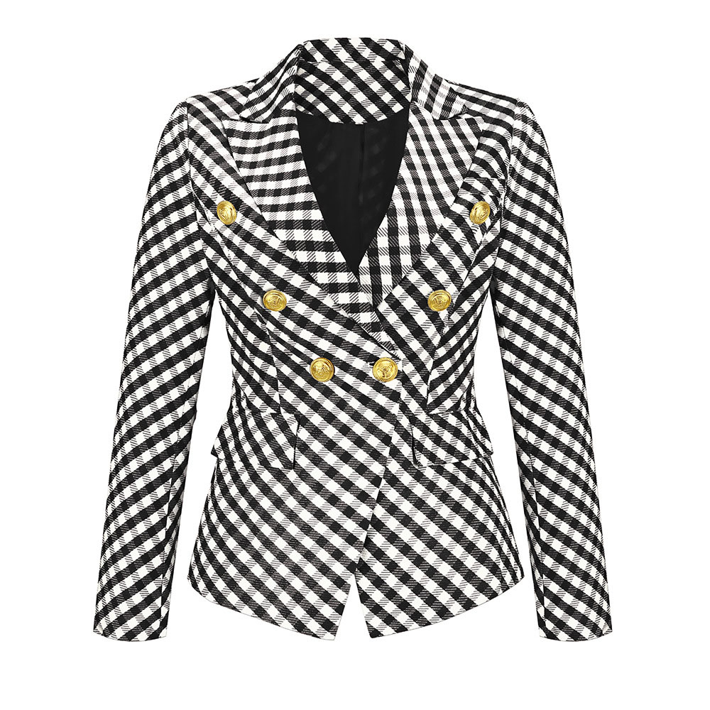 Notched Lapel Long Sleeve Houndstooth Double-Breasted Standard Women's Casual Blazer