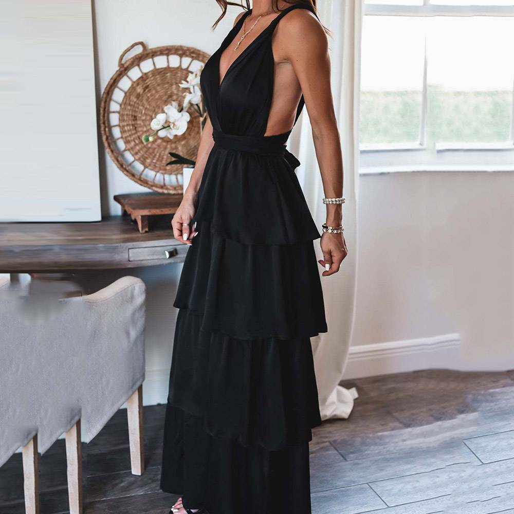 Sleeveless V-Neck Ankle-Length Falbala High Waist Women's Dress