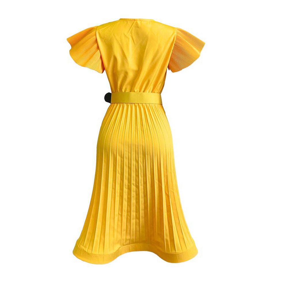 Short Sleeve V-Neck Mid-Calf Pleated Plain Women's Dress