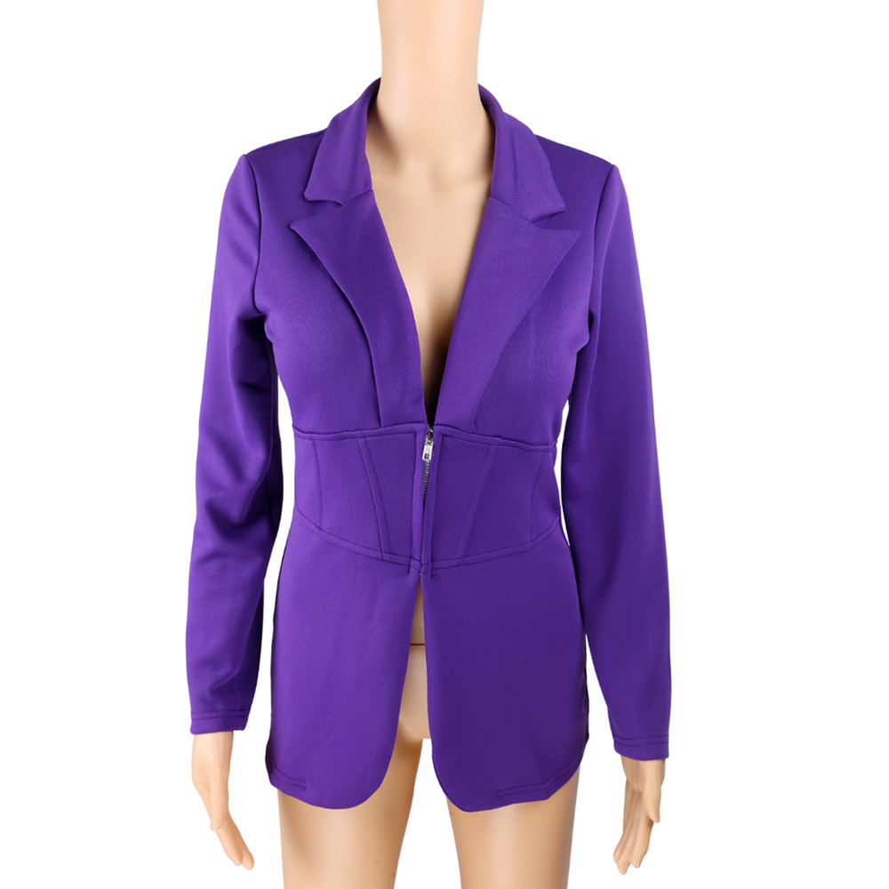 Zipper Long Sleeve Plain Lapel Regular Women's Casual Blazer