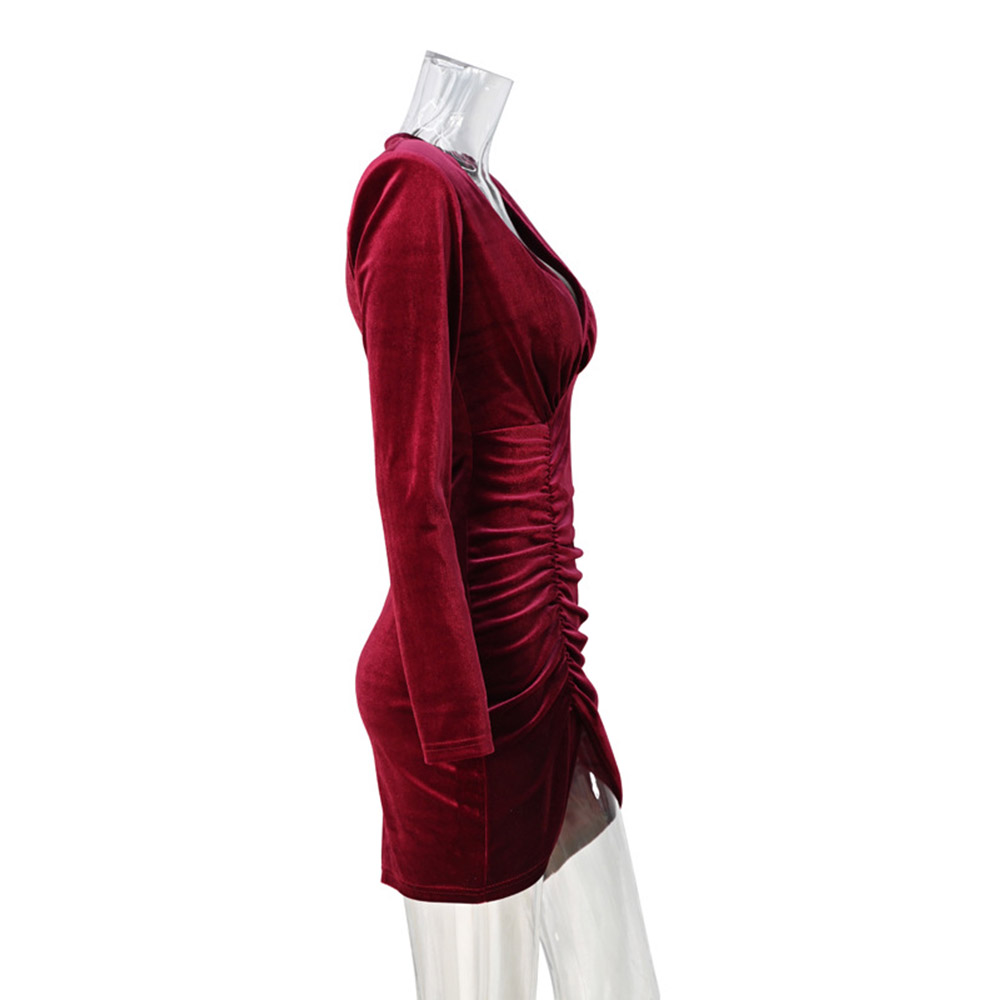 V-Neck Long Sleeve Above Knee Pleated Winter Women's Dress