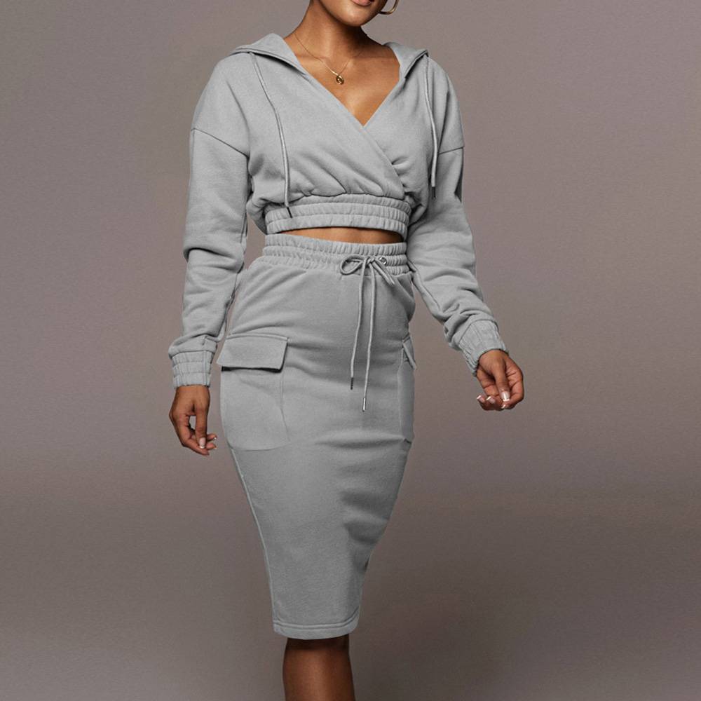 Pocket Fashion Hoodie Plain Hooded Women's Two Piece Sets
