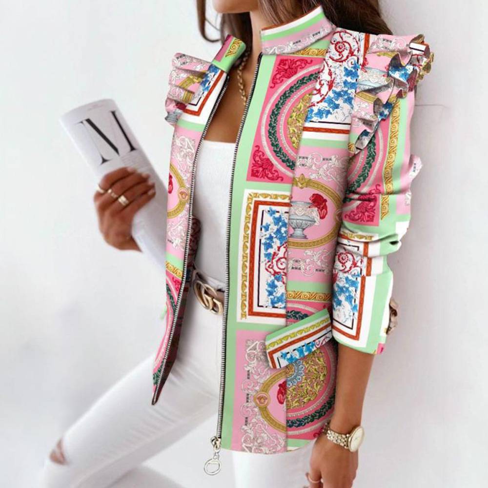 Long Sleeve Stand Collar Zipper Color Block Regular Women's Casual Blazer