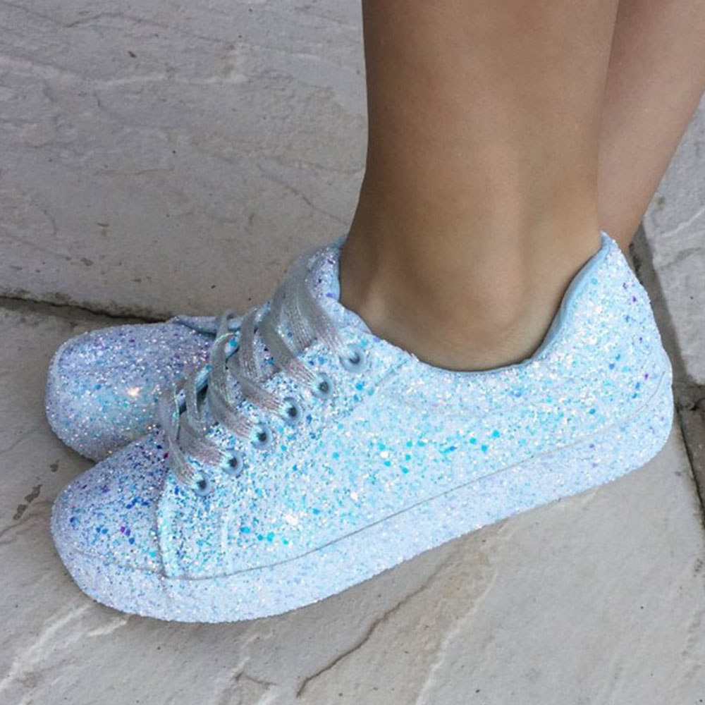 Sequin Round Toe Low-Cut Upper Lace-Up Plain Sneakers