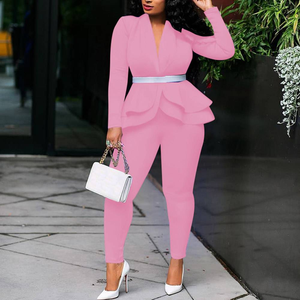 Coat Wear to Work Plain Pencil Pants Women's Two Piece Sets