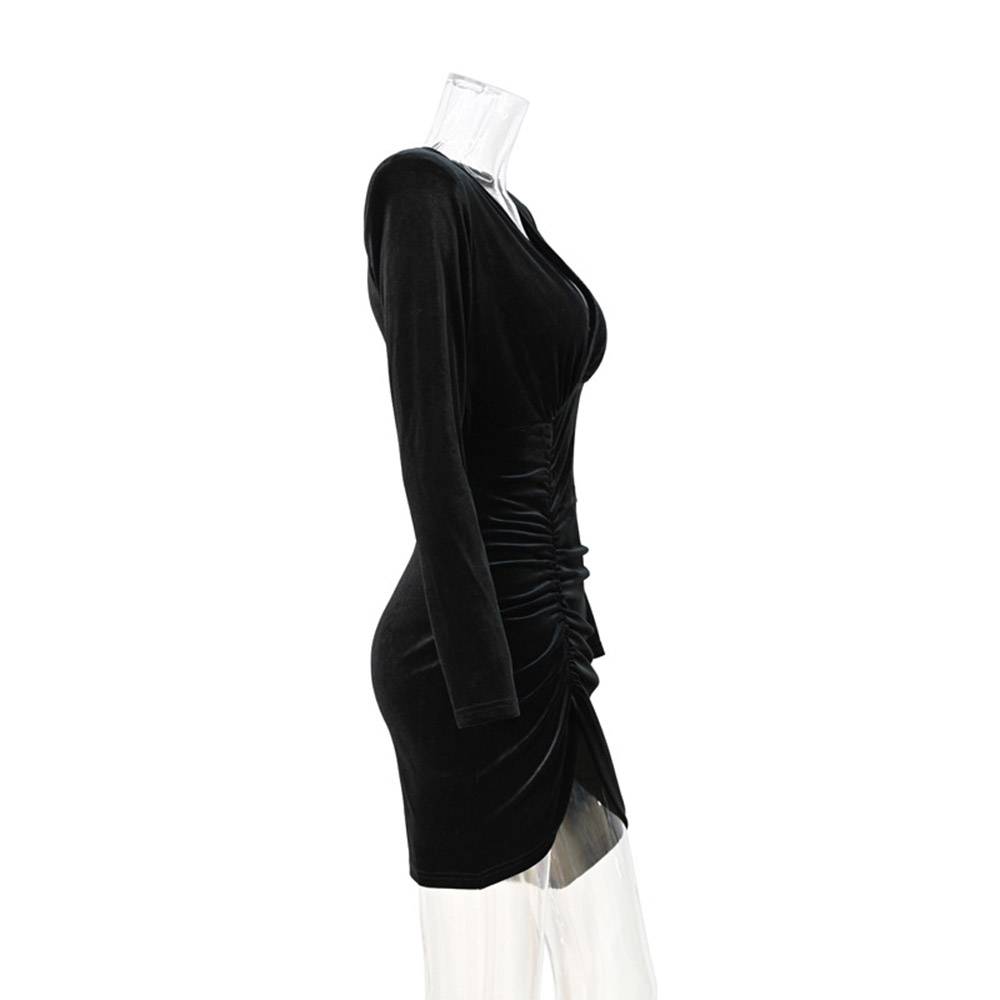 V-Neck Long Sleeve Above Knee Pleated Winter Women's Dress