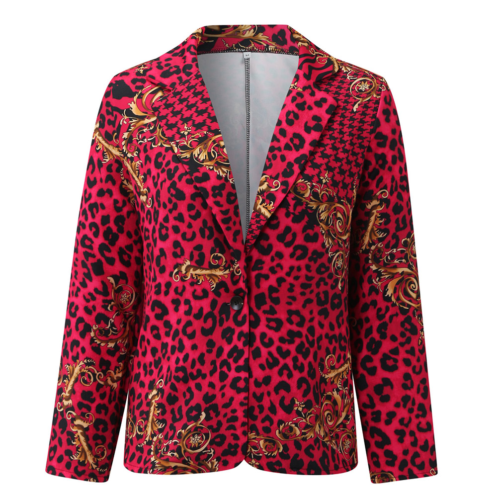 Long Sleeve Notched Lapel One Button Leopard Mid-Length Women's Casual Blazer