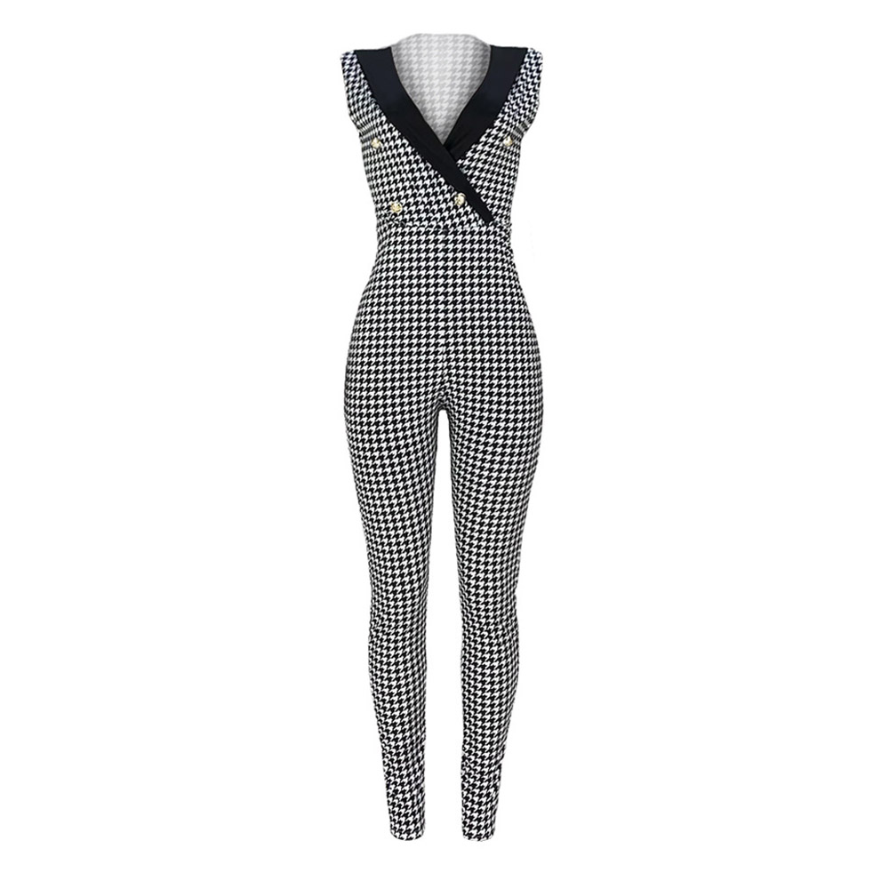 Full Length Print Fashion Houndstooth Pencil Pants Women's Jumpsuit