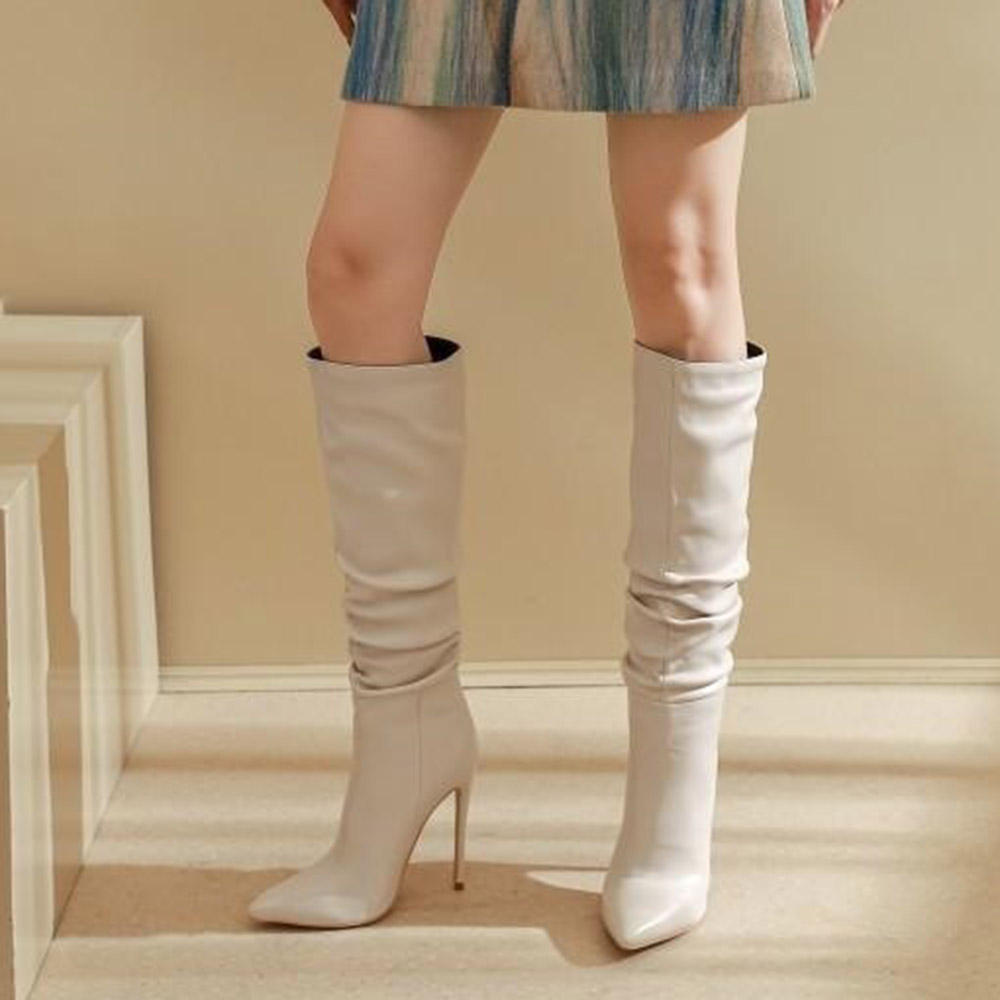Slip-On Stiletto Heel Pointed Toe Plain Thread Boots