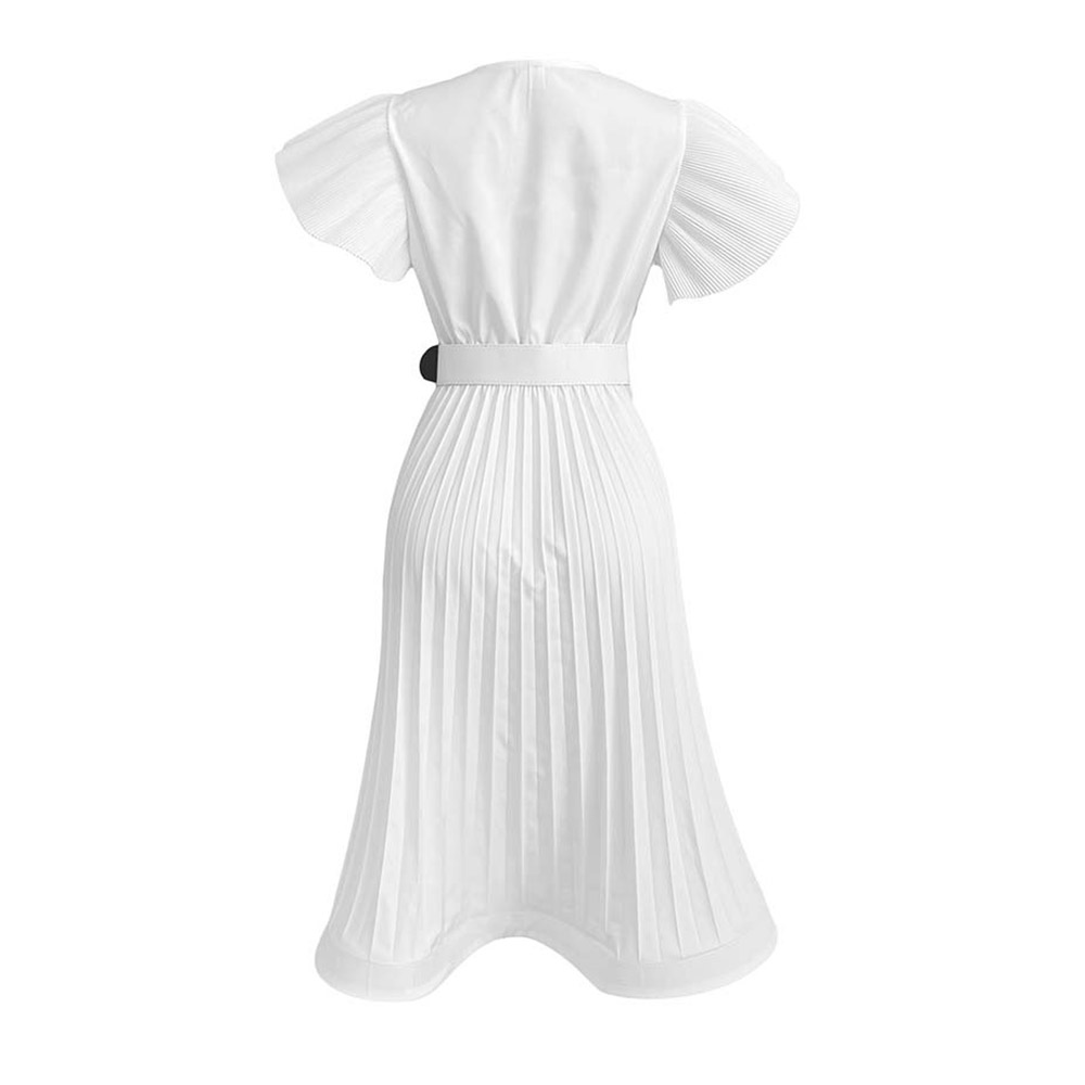 Short Sleeve V-Neck Mid-Calf Pleated Plain Women's Dress