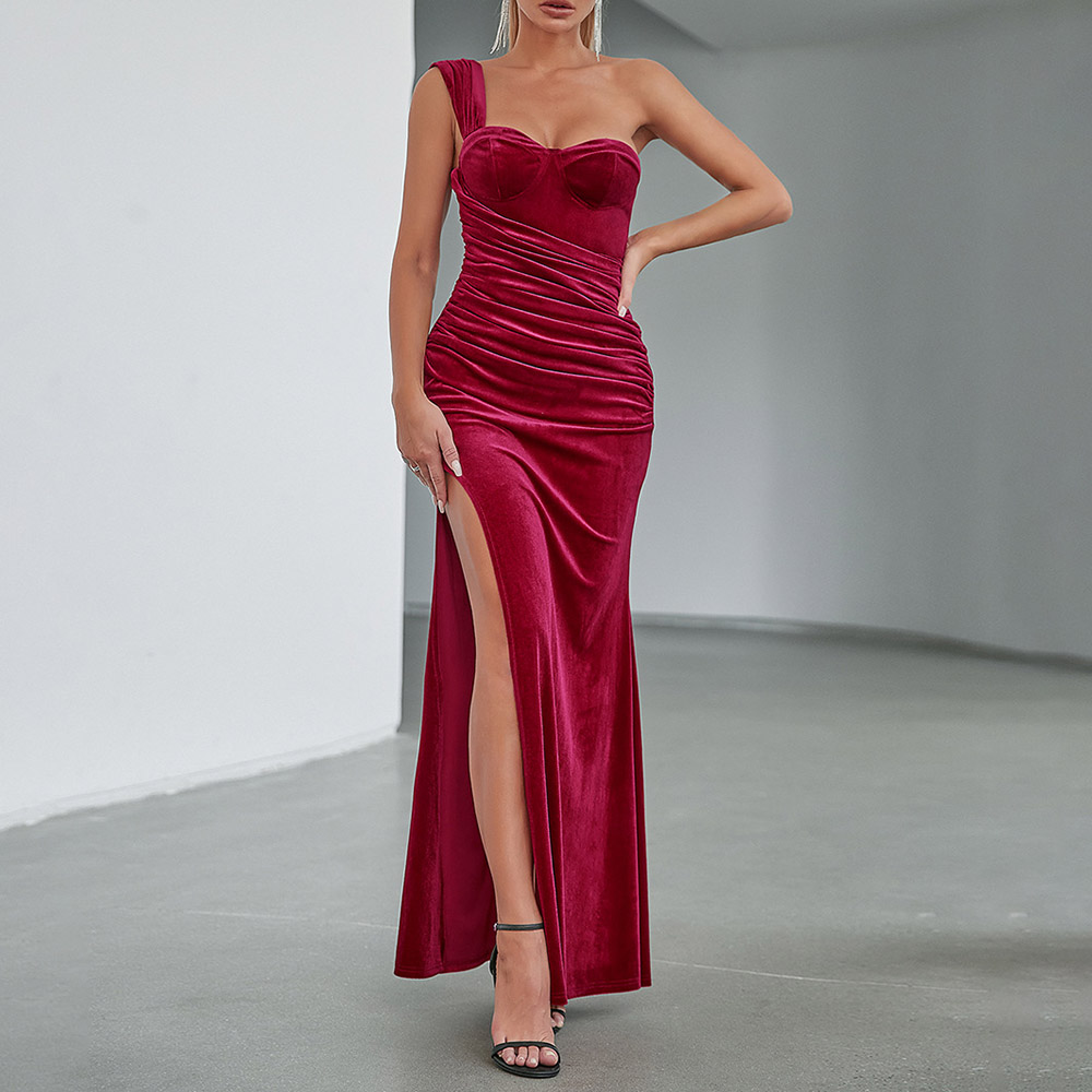 Split Floor-Length Oblique Collar Sleeveless Bodycon Women's Dress