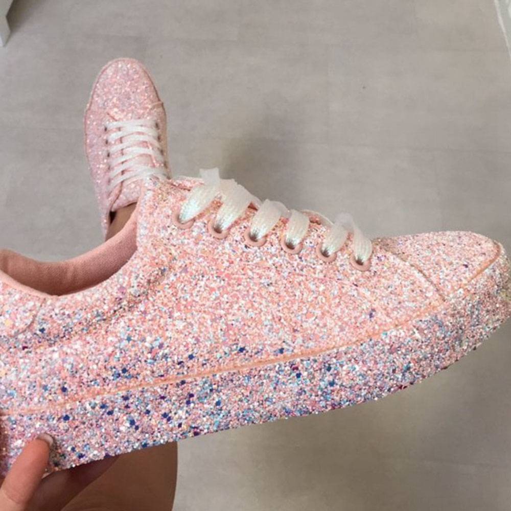 Sequin Round Toe Low-Cut Upper Lace-Up Plain Sneakers