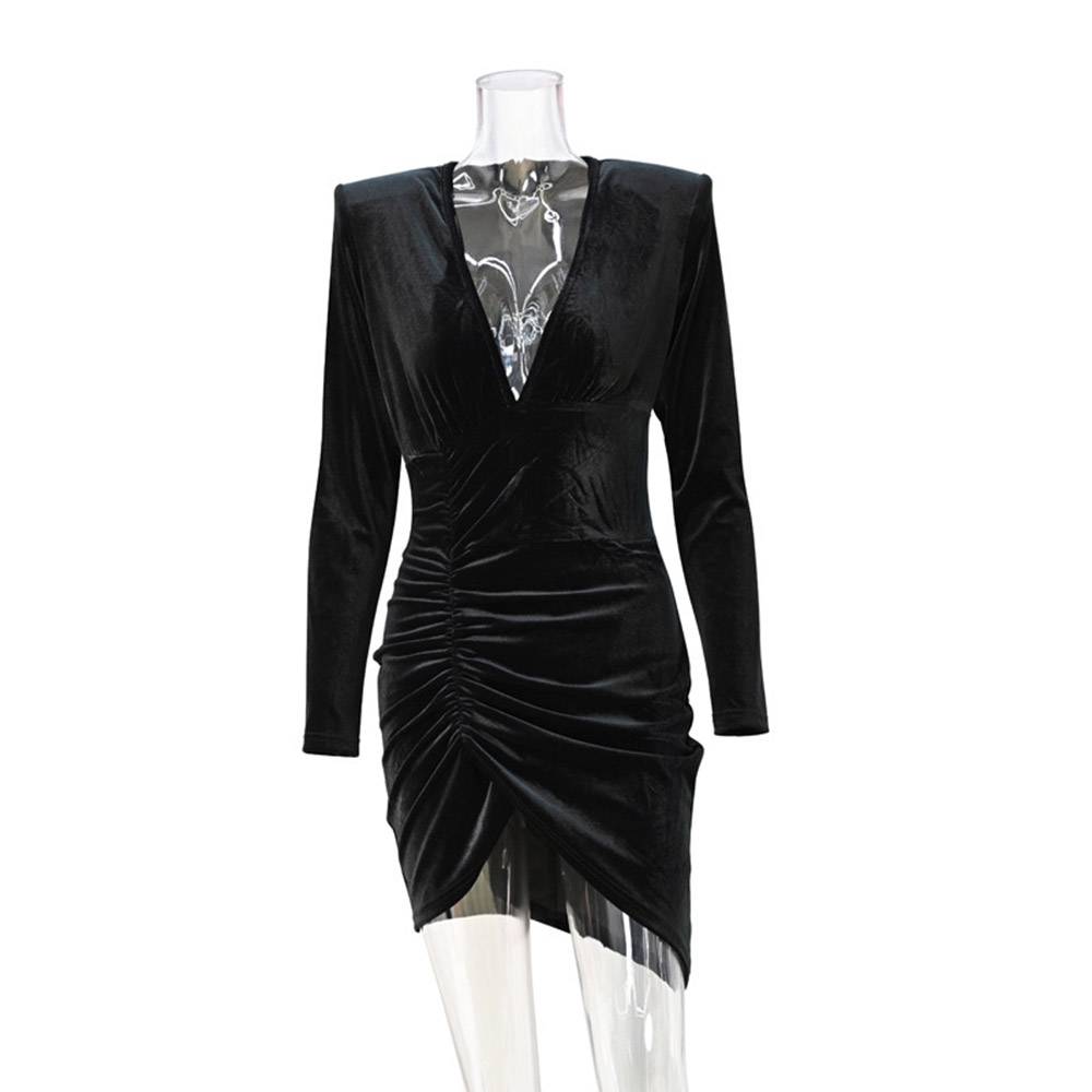 V-Neck Long Sleeve Above Knee Pleated Winter Women's Dress