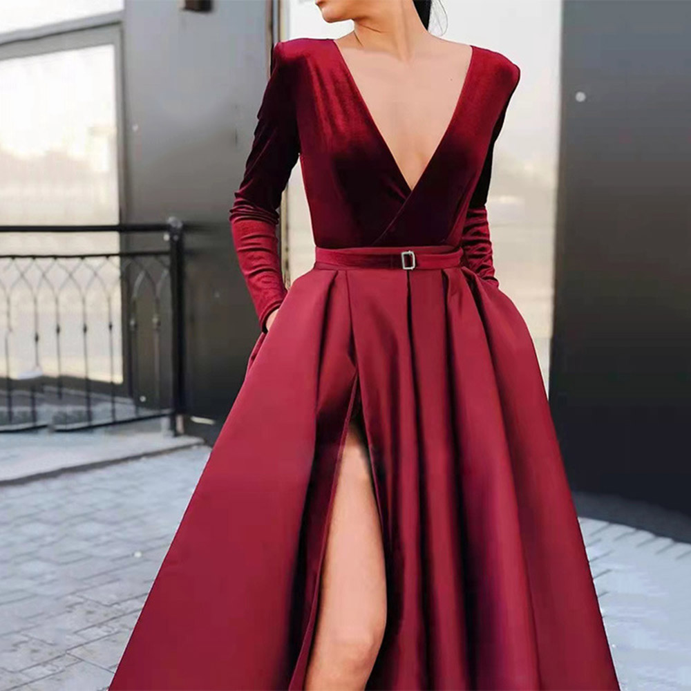 Floor-Length Long Sleeve Split V-Neck Regular Women's Dress