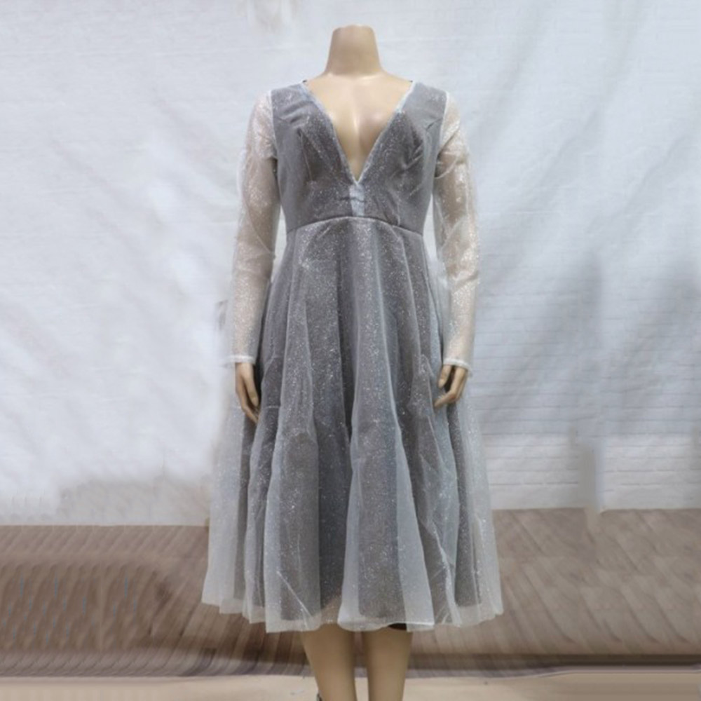 V-Neck Patchwork Long Sleeve Knee-Length Mid Waist Women's Dress