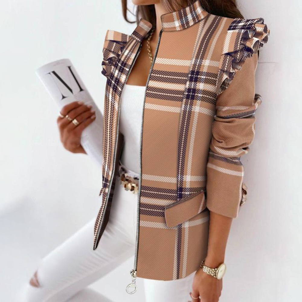 Long Sleeve Stand Collar Zipper Color Block Regular Women's Casual Blazer