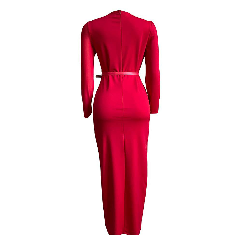 Round Neck Asymmetric Floor-Length Long Sleeve Bodycon Women's Dress