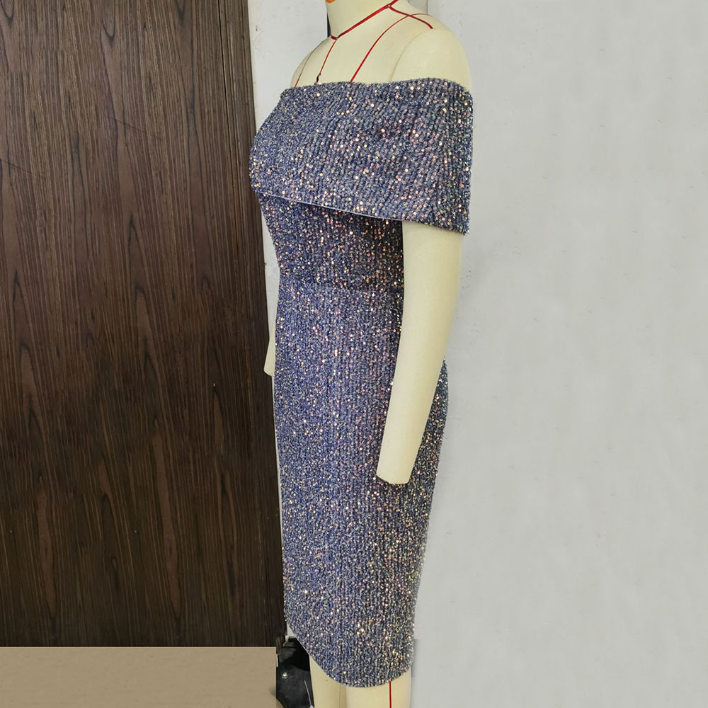 Knee-Length Sequins Off Shoulder Short Sleeve Spring Women's Dress