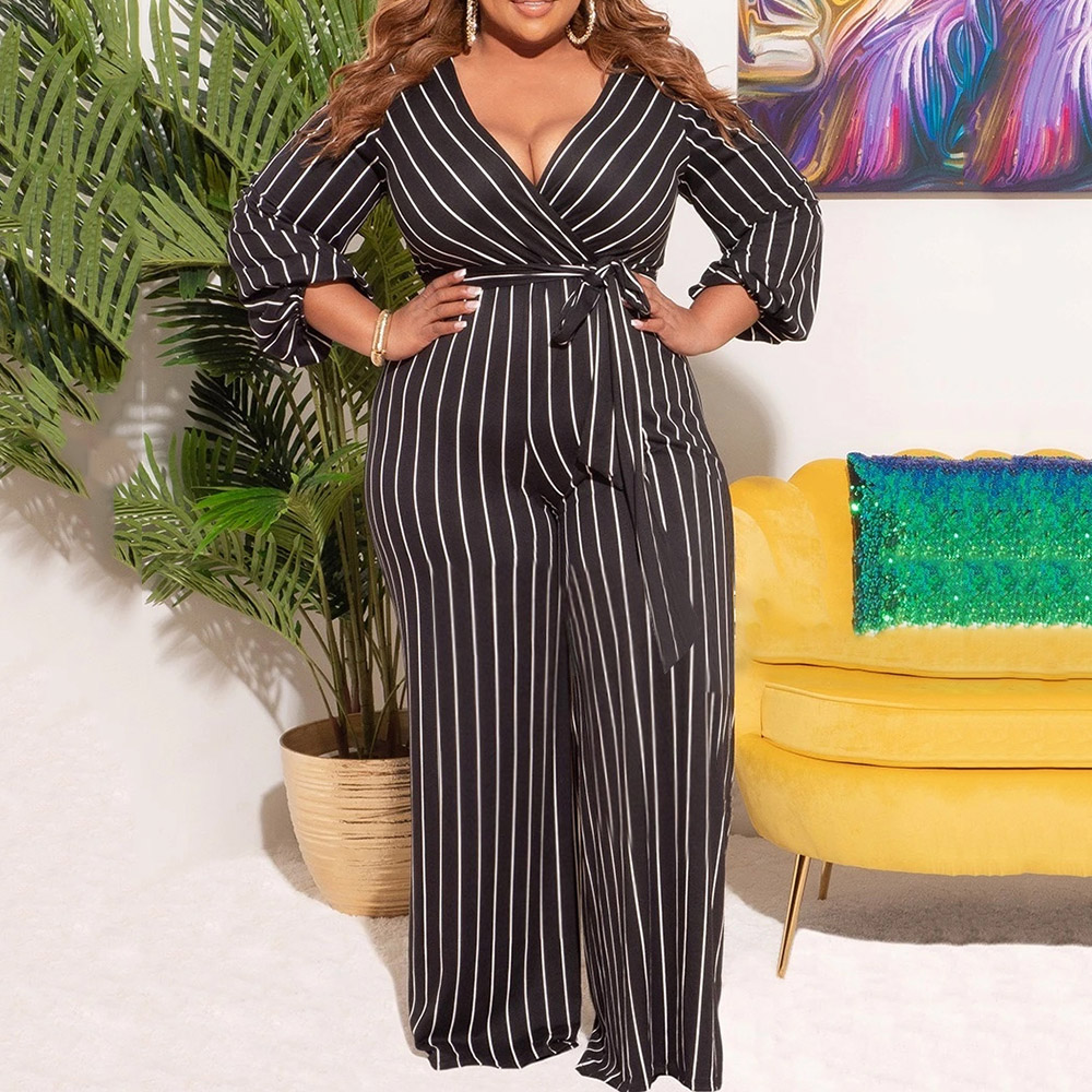 Full Length Stripe Fashion Lace-Up Straight Women's Jumpsuit