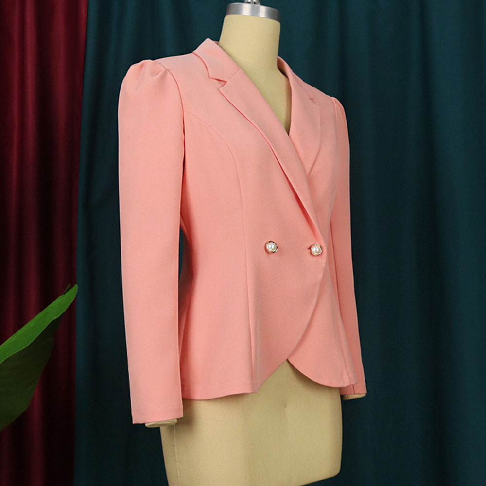 Double-Breasted Plain Long Sleeve Notched Lapel Puff Sleeve Women's Casual Blazer