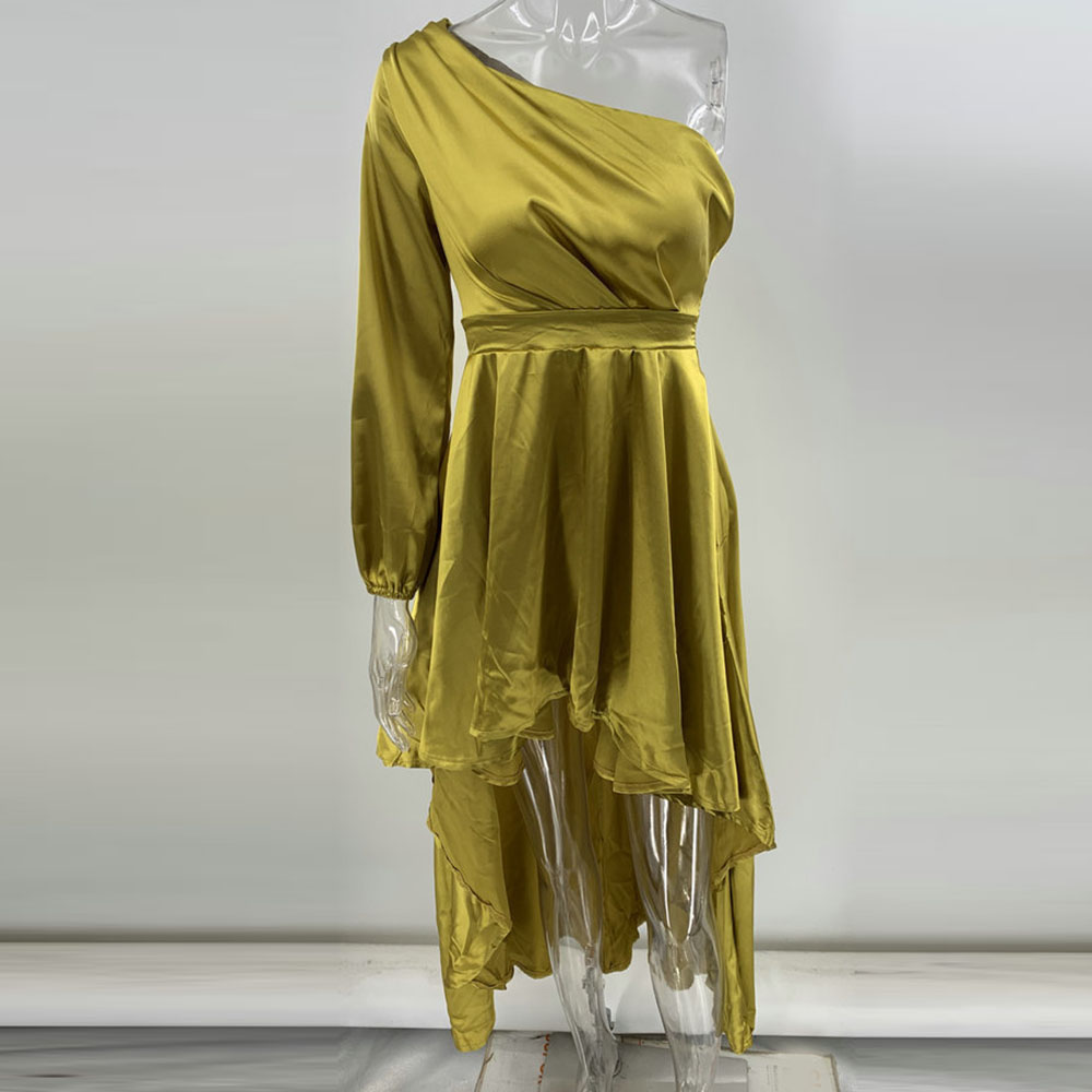 Oblique Collar Asymmetric Floor-Length Long Sleeve Plain Women's Dress