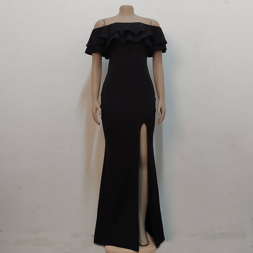 Split Floor-Length Off Shoulder Short Sleeve Plain Women's Dress