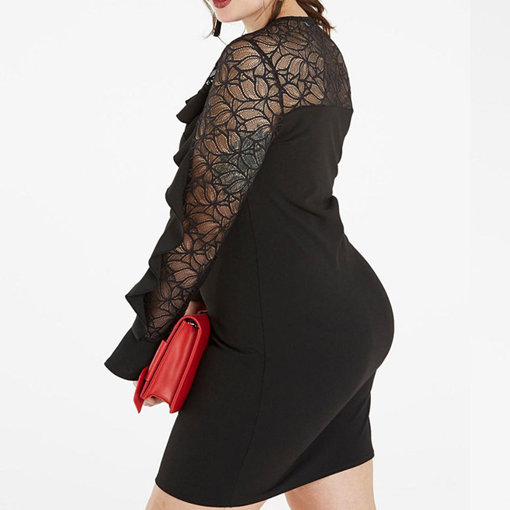 See-Through Round Neck Above Knee Long Sleeve Bodycon Women's Dress