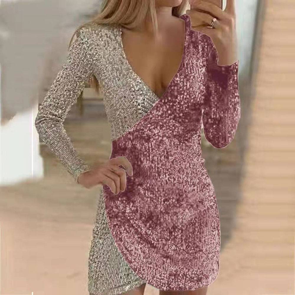 Sequins V-Neck Long Sleeve Above Knee Color Block Women's Dress