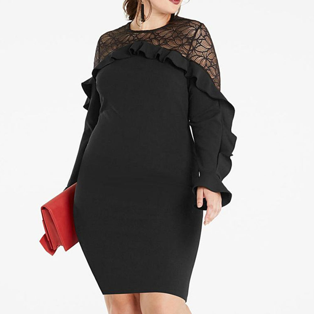 See-Through Round Neck Above Knee Long Sleeve Bodycon Women's Dress