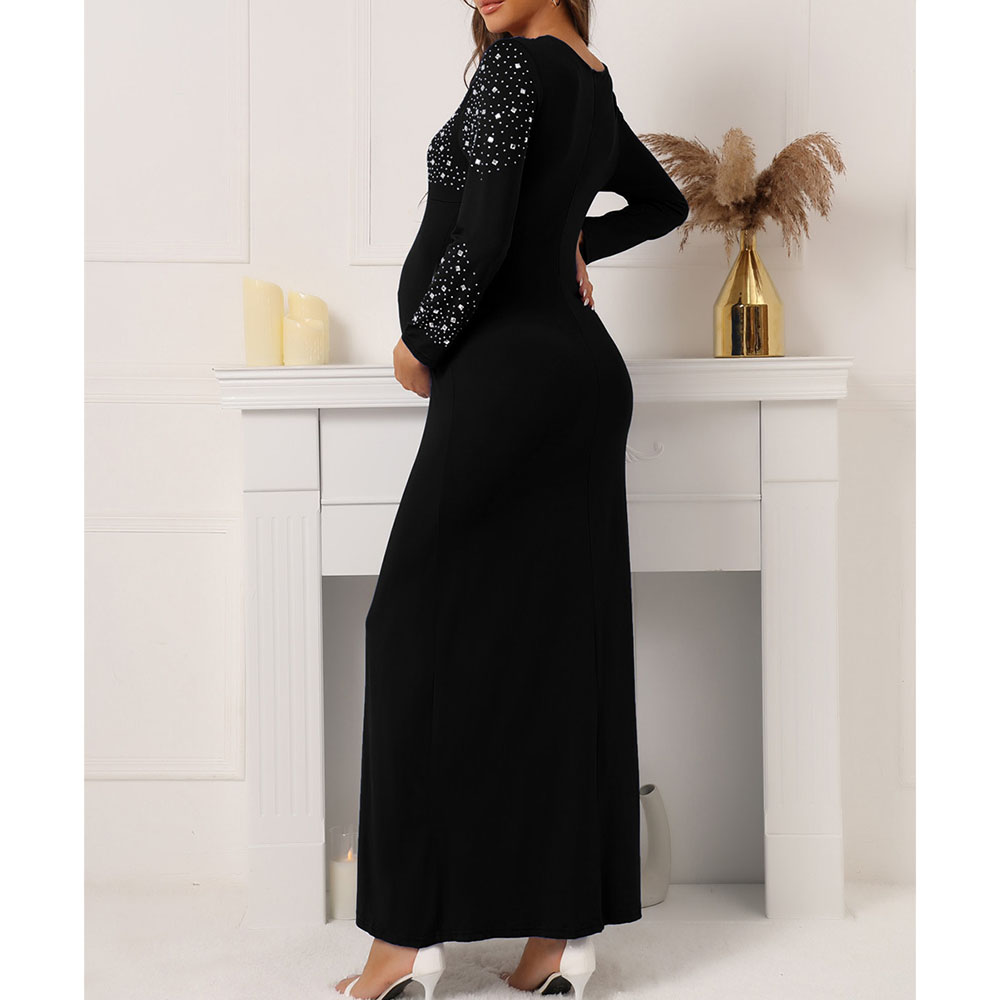 V-Neck Rhinestone Ankle-Length Long Sleeve High Waist Women's Dress