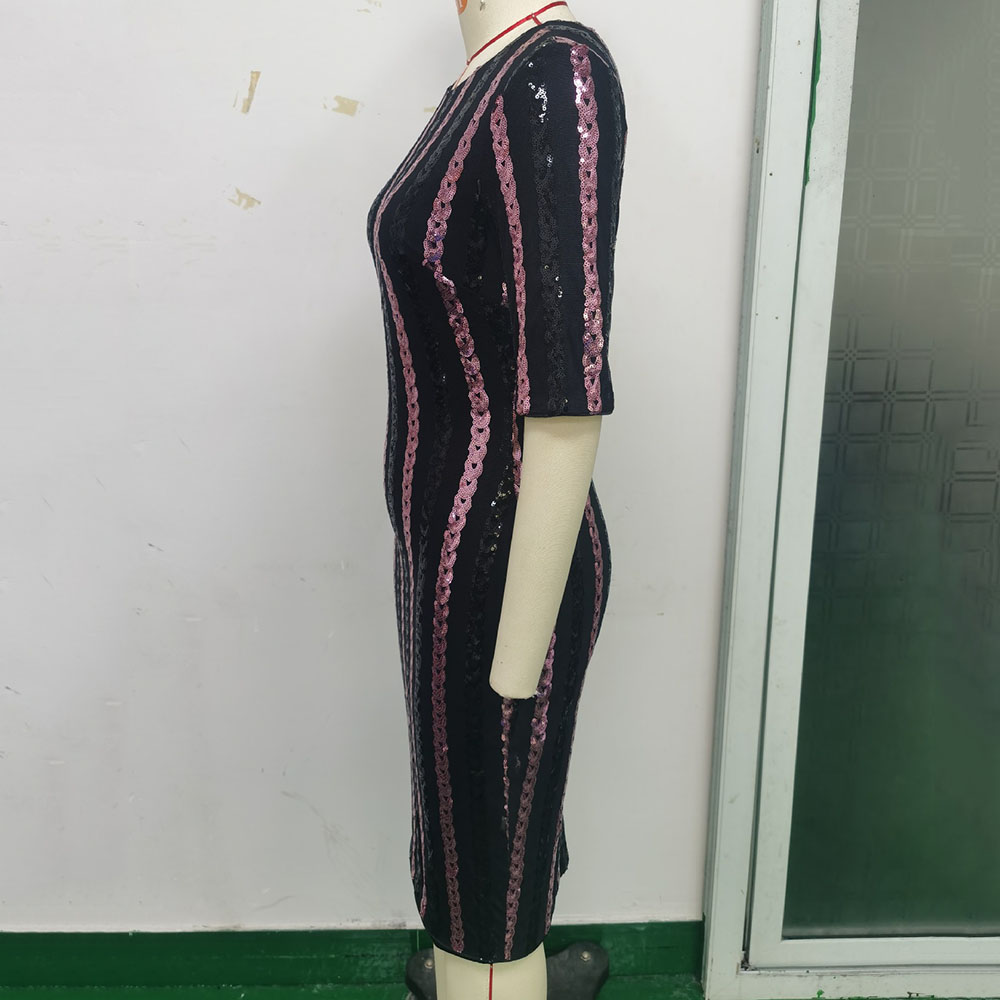 Knee-Length Round Neck Half Sleeve Sequins Pullover Women's Dress