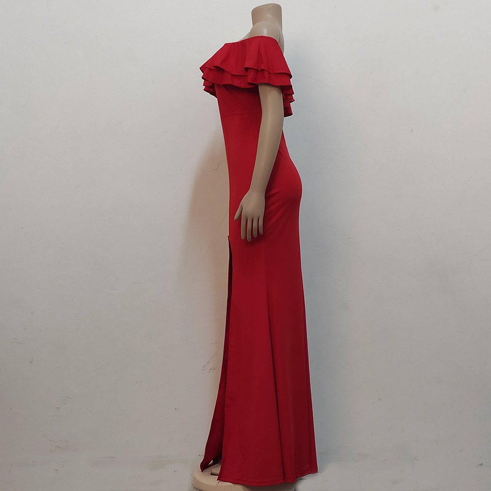 Split Floor-Length Off Shoulder Short Sleeve Plain Women's Dress
