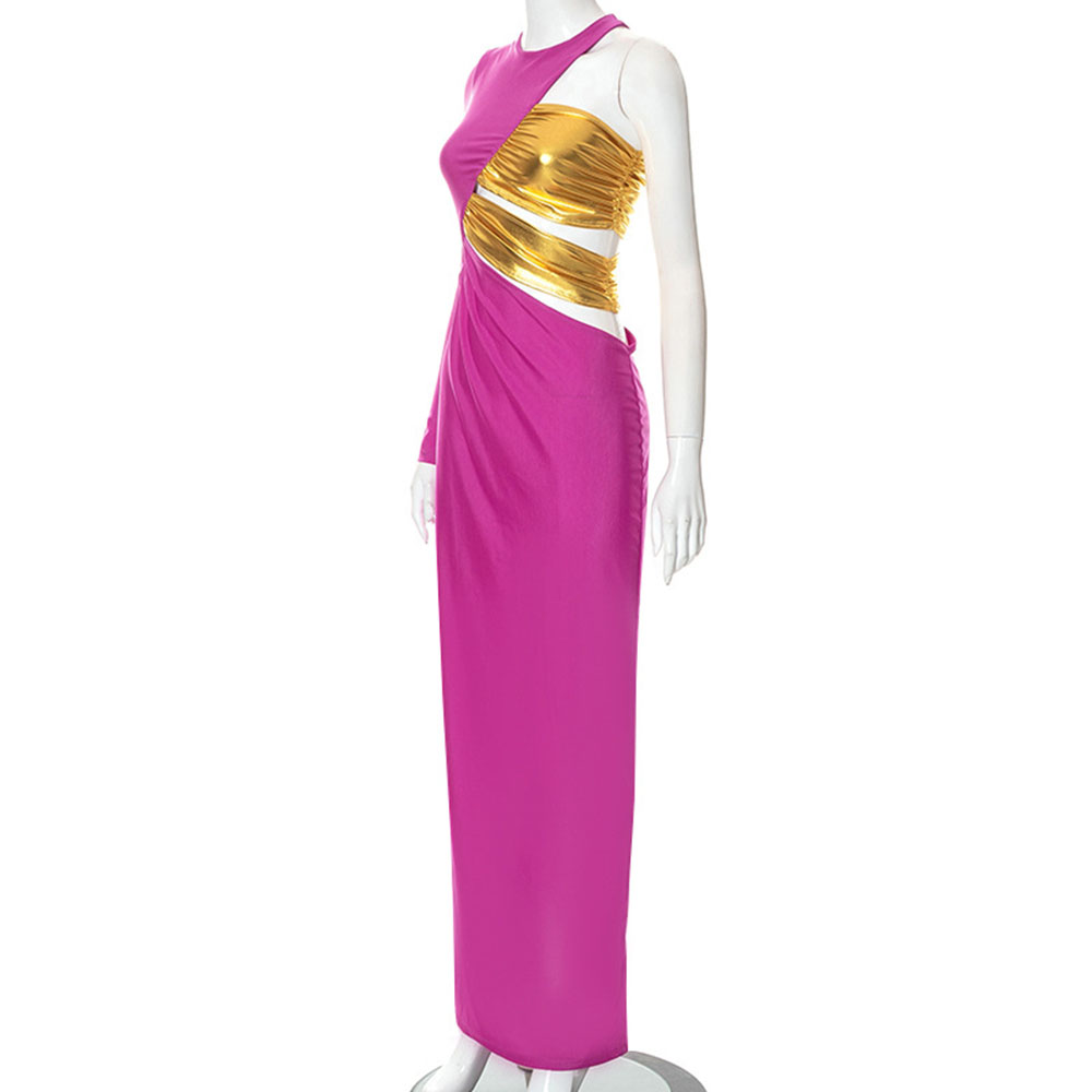 Floor-Length Patchwork Stand Collar Long Sleeve Color Block Women's Dress