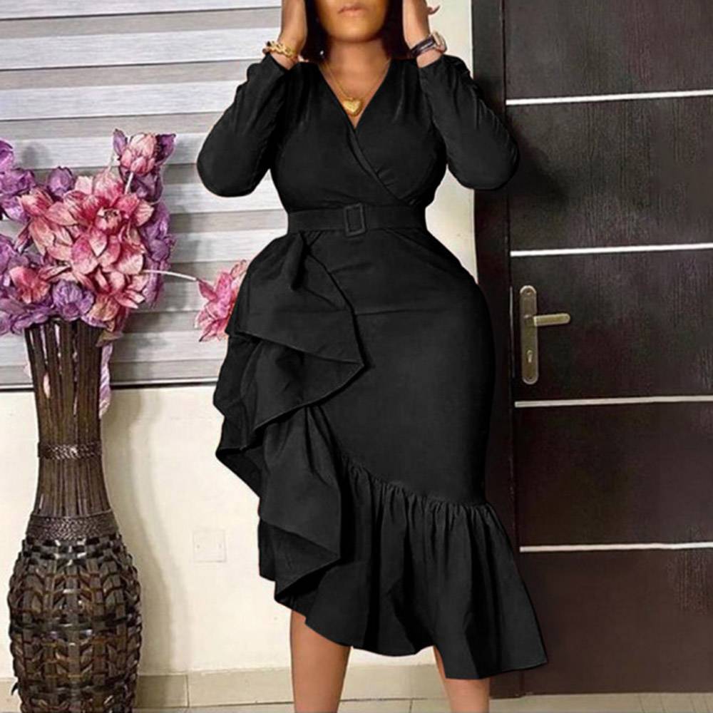 Long Sleeve Mid-Calf Falbala V-Neck Pullover Women's Dress