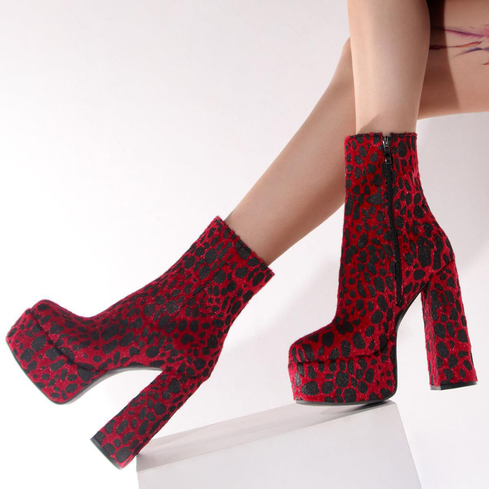 Side Zipper Chunky Heel Round Toe Leopard Sexy Boots