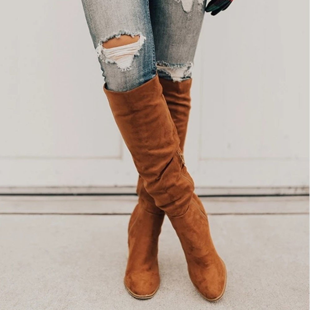 Chunky Heel Side Zipper Plain Pointed Toe Casual Boots
