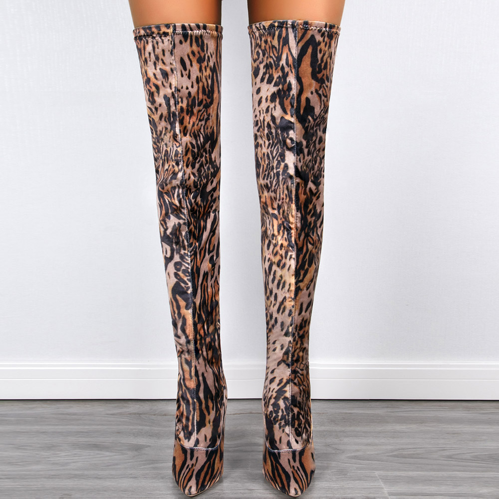 Leopard Slip-On Stiletto Heel Pointed Toe Western Boots