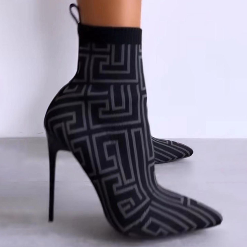 Geometric Slip-On Pointed Toe Stiletto Heel Cotton Boots