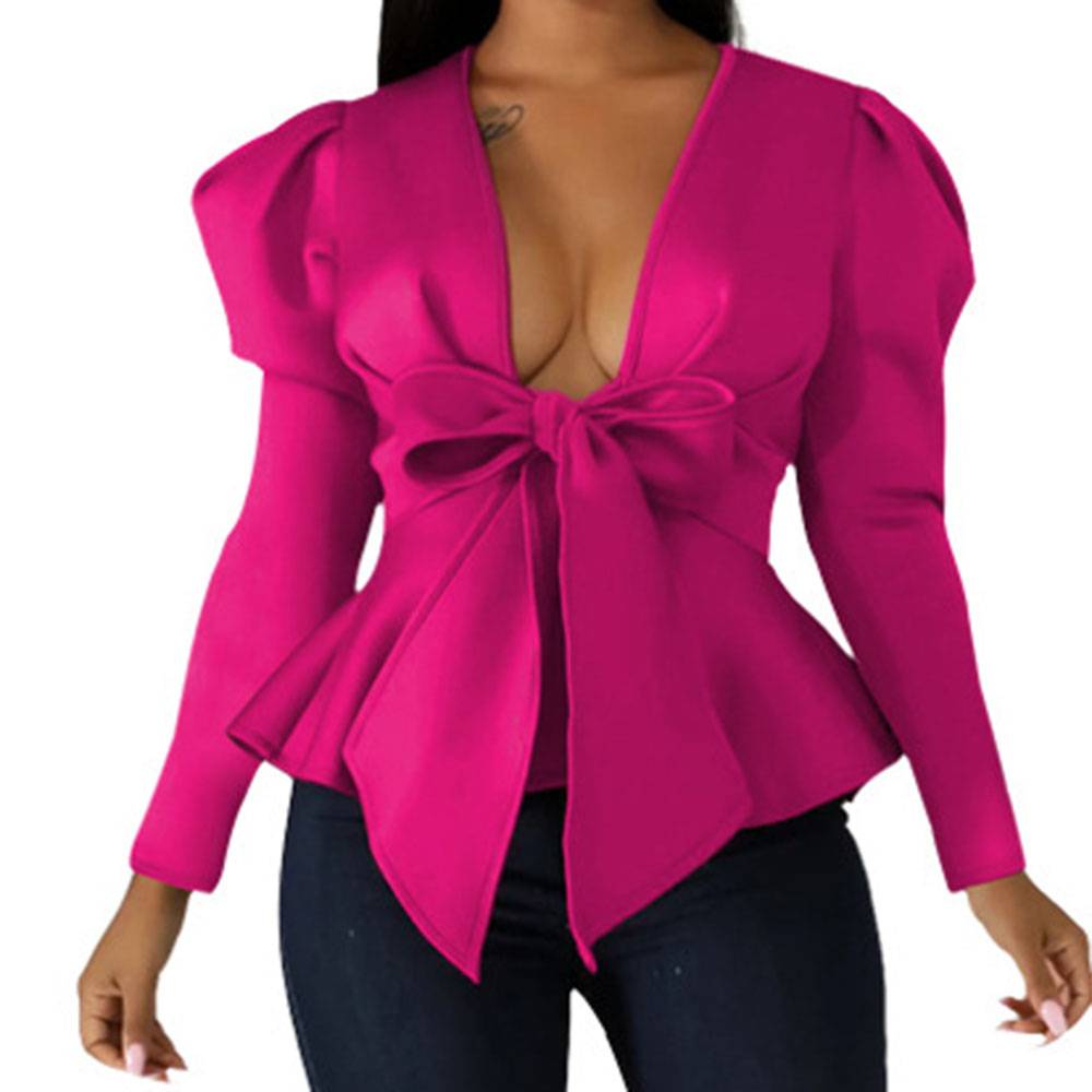 Plain Bowknot Long Sleeve Women's Blouse