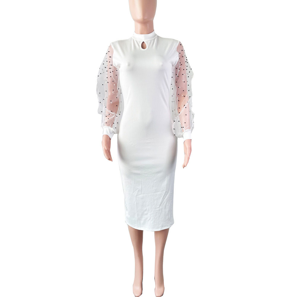 Round Neck Bead Mid-Calf Long Sleeve Office Lady Women's Dress