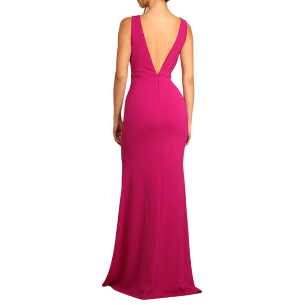 Backless Sleeveless V-Neck Floor-Length Plain Women's Dress