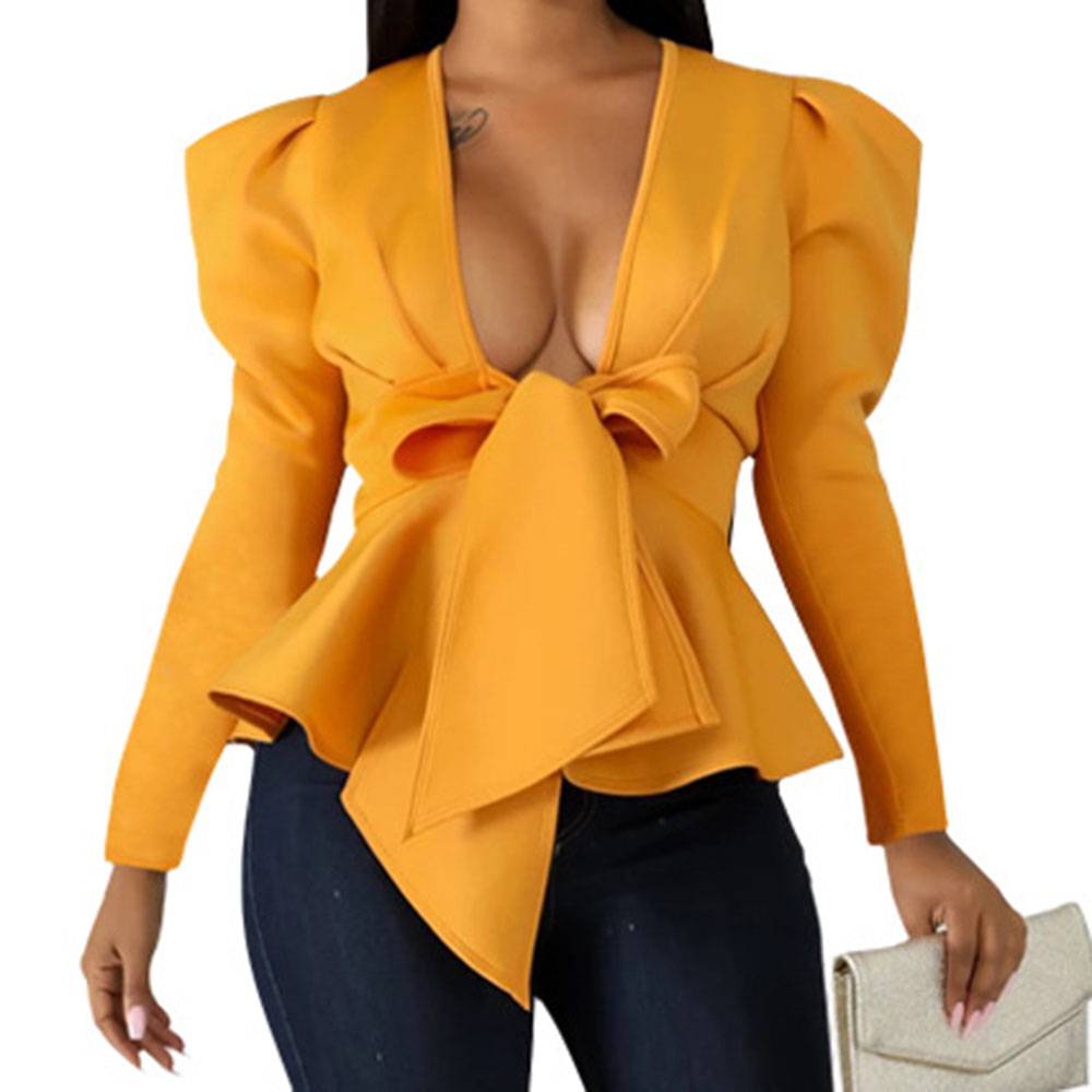 Plain Bowknot Long Sleeve Women's Blouse