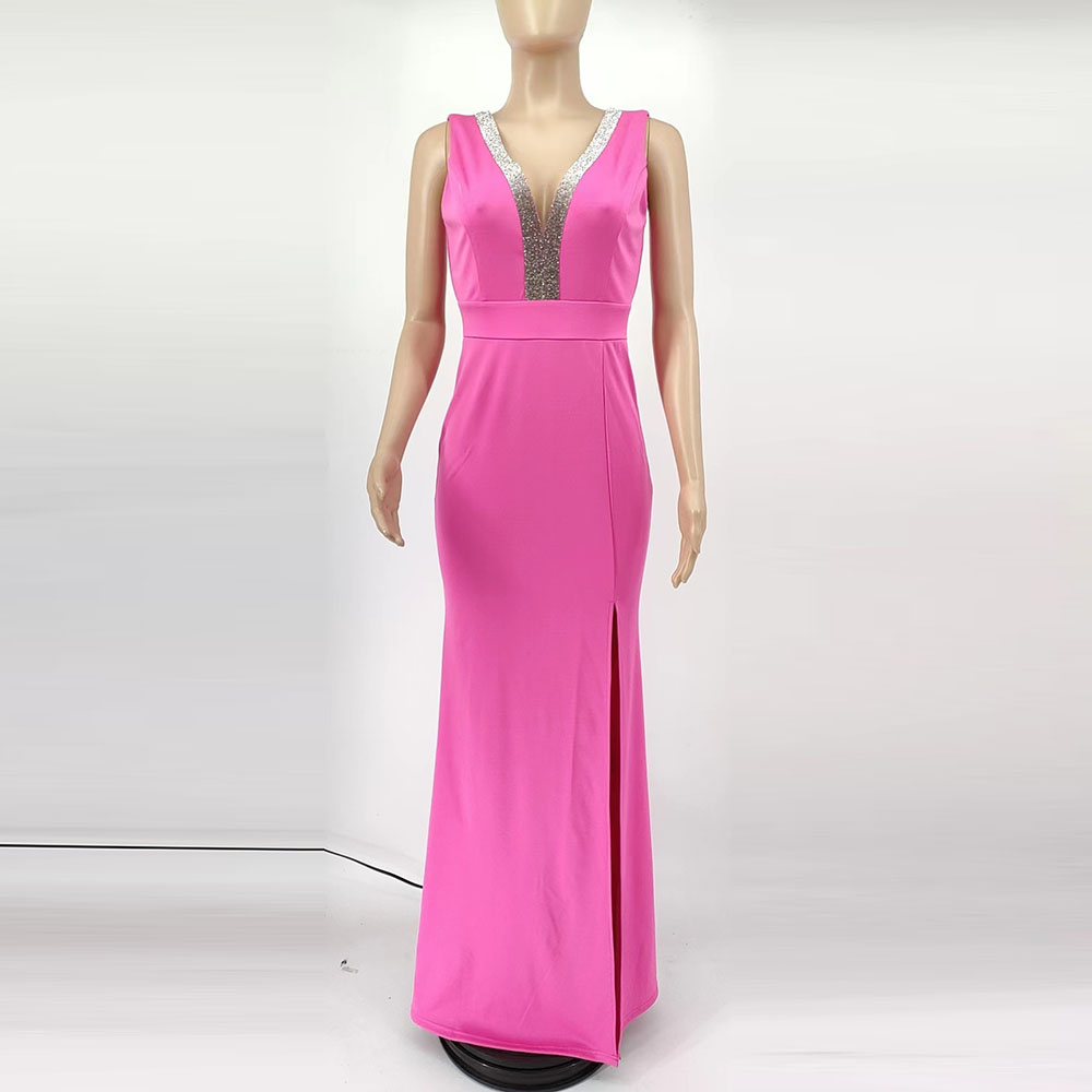 Backless Sleeveless V-Neck Floor-Length Plain Women's Dress