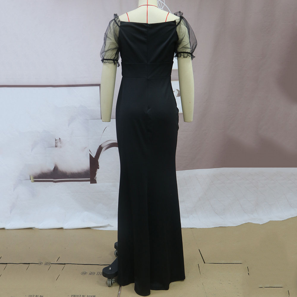Short Sleeve Patchwork Floor-Length Puff Sleeve Women's Dress
